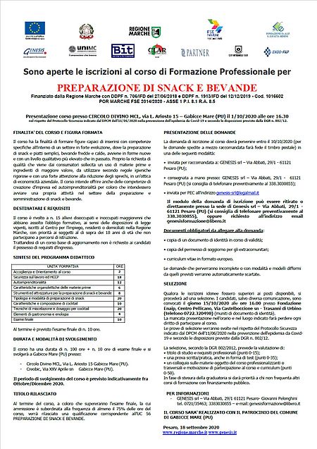 locandina info corso di preparazione snack e bevande