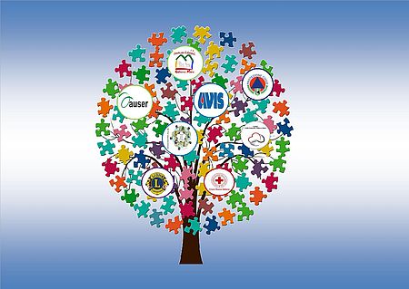 Albero di puzzle con loghi associazioni di volontariato