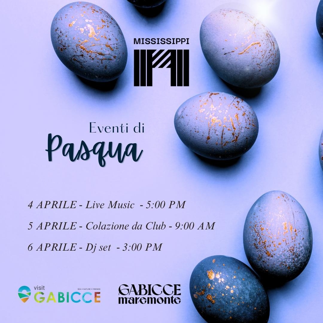 Anche il Mississippi si prepara a Pasqua per accogliere i primi turisti con un programma perfetto per momenti di relax sul mare SABATO 4 Aprile dalle ore 17:00 MUSICA LIVE con aperitivo.  DOMENICA 5 Aprile dalle ore 9:00 COLAZIONE DA CLUB, format in voga in tutta Italia, un evento che combina la colazione/brunch con musica! Proseguirà con orario continuato fino alle ore 19:00 con aperitivo.  LUNEDÌ 6 Aprile dalle ore 9:00 orario continuato, alle ore 15:00 DJ SET fino alle 19:00.